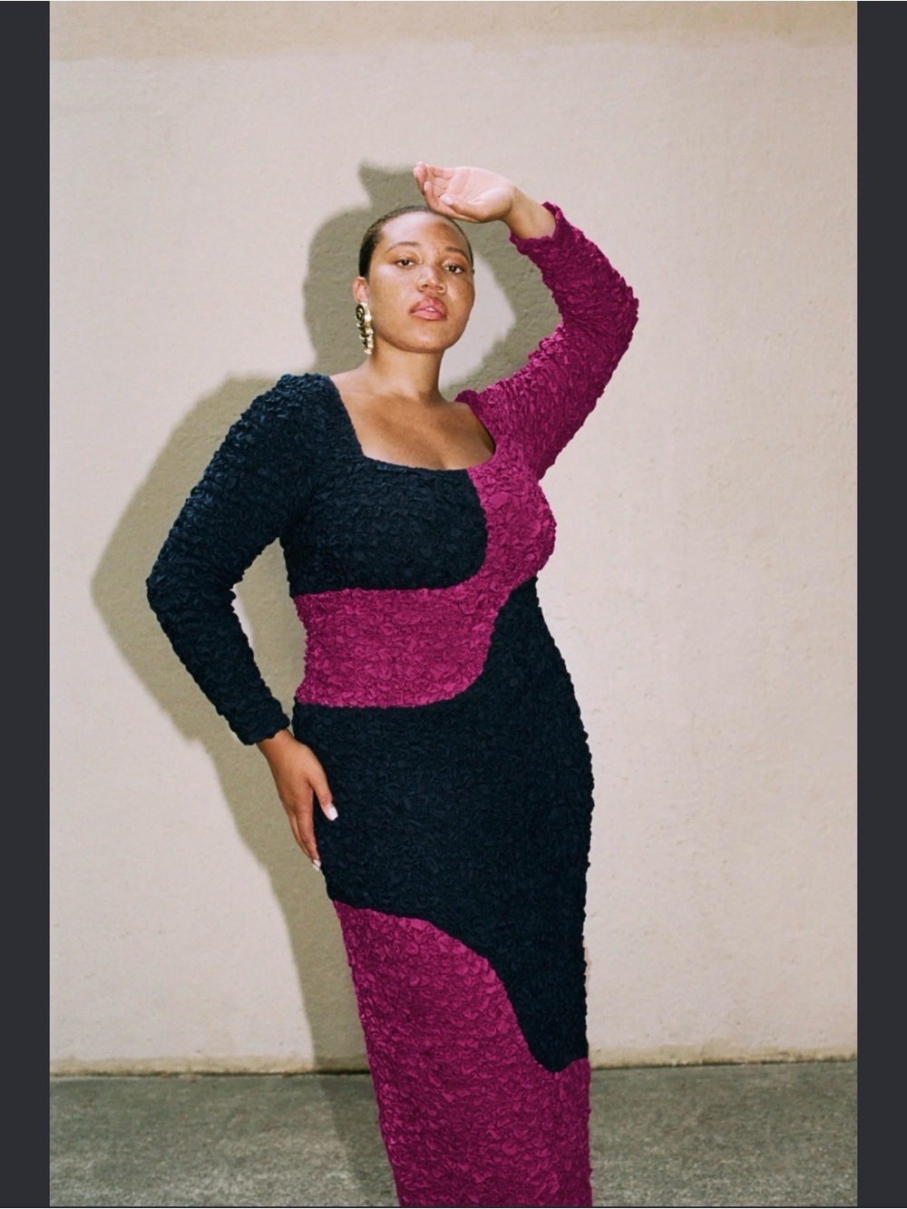 Mara Hoffman Two-Tone Textured Long Sleeve Maxi Dress in Black and Magenta